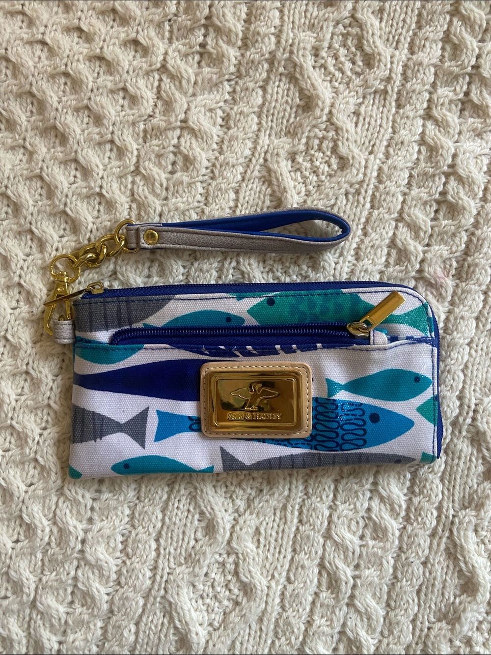 Sam & Hadley Teal & Blue Fish Print Wristlet with Gold Plaque